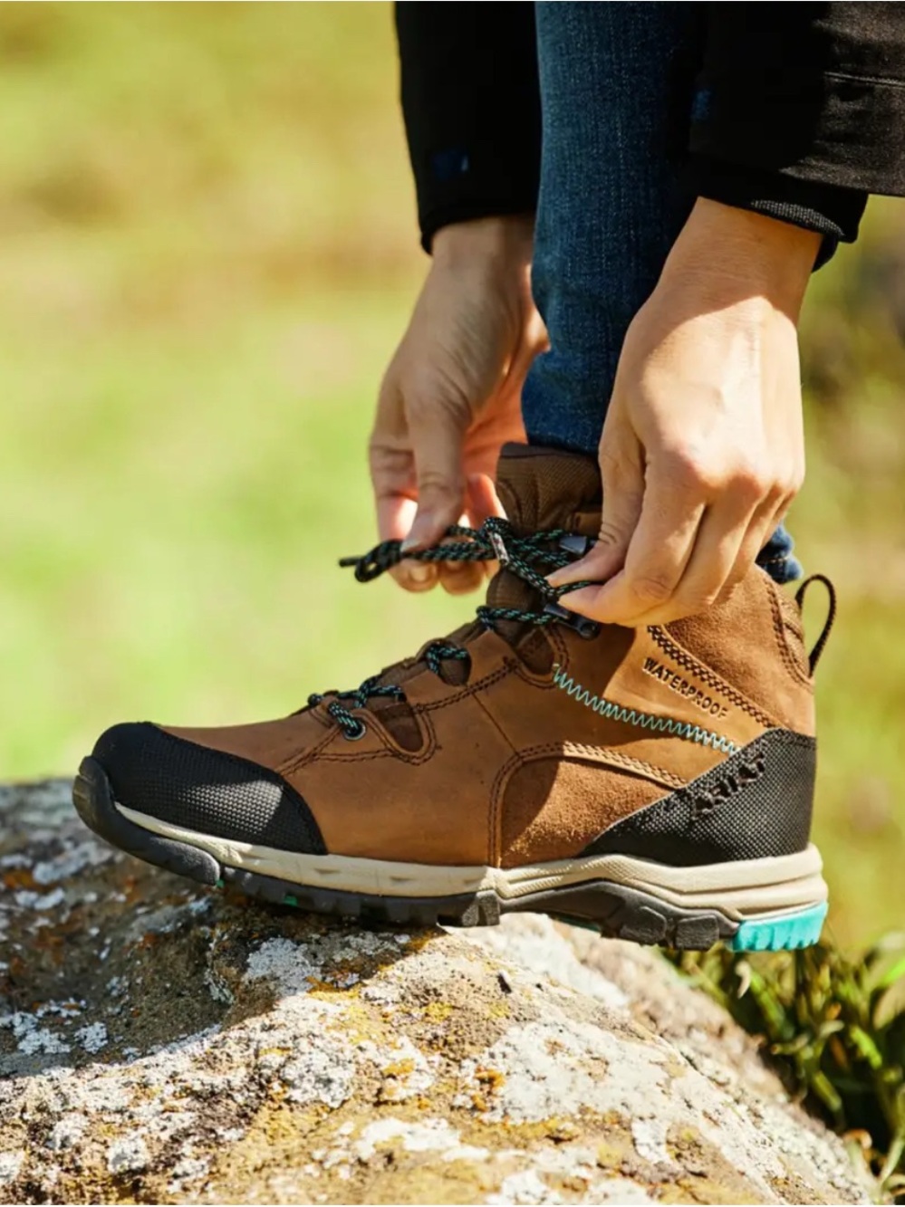 Ariat Brown and Black Waterproof Hiking Boots with Teal Accent